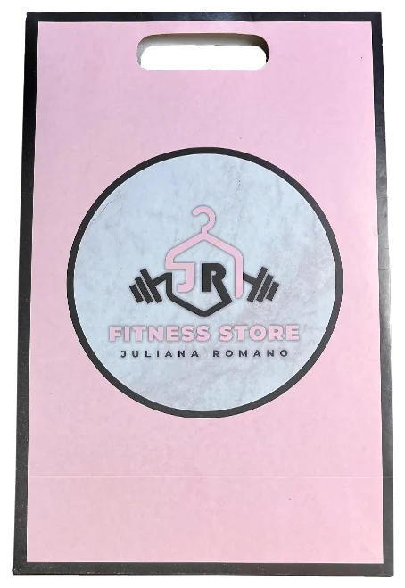 Sacola de papel personalizada rosa no formato vertical com alça vazada