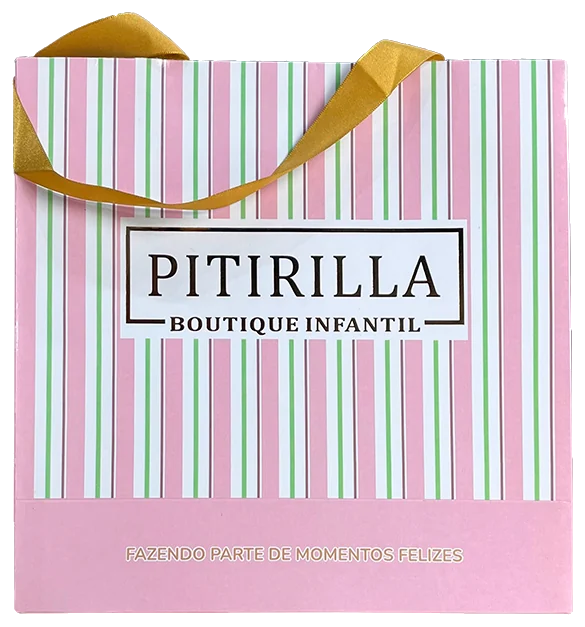 Sacola de papel personalizada listrada com alça de gorgurão dourada
