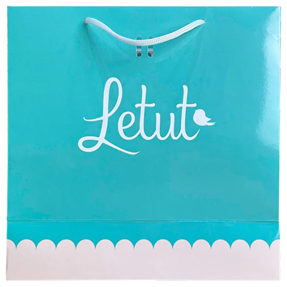 Sacola de papel personalizada azul turquesa com logo em caligrafia