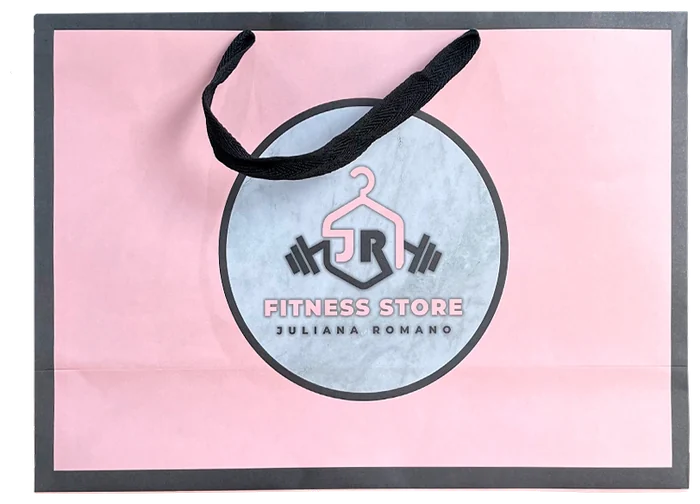 Sacola de papel personalizada rosa com alça de cordão preta