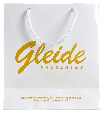 Sacola de papel personalizada branca com logo dourado e alça de cordão
