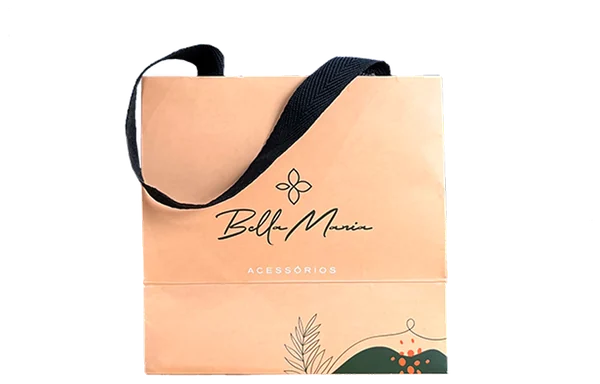 Sacola de papel personalizada pêssego com alça de gorgurão preta